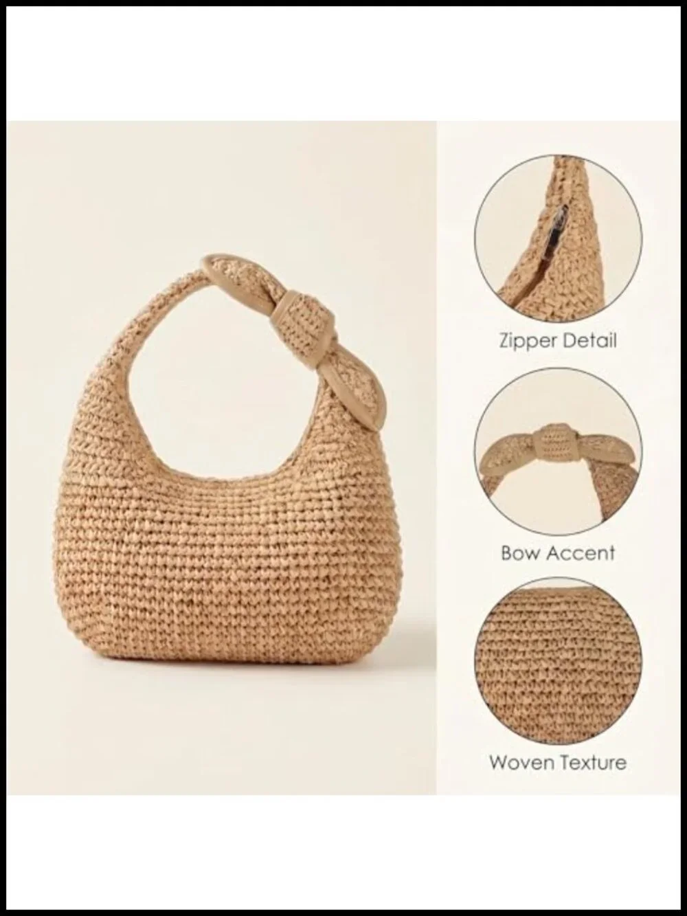 Handwoven Straw Hobo Bag with Bow Detail, Lightweight Beach Shoulder Purse